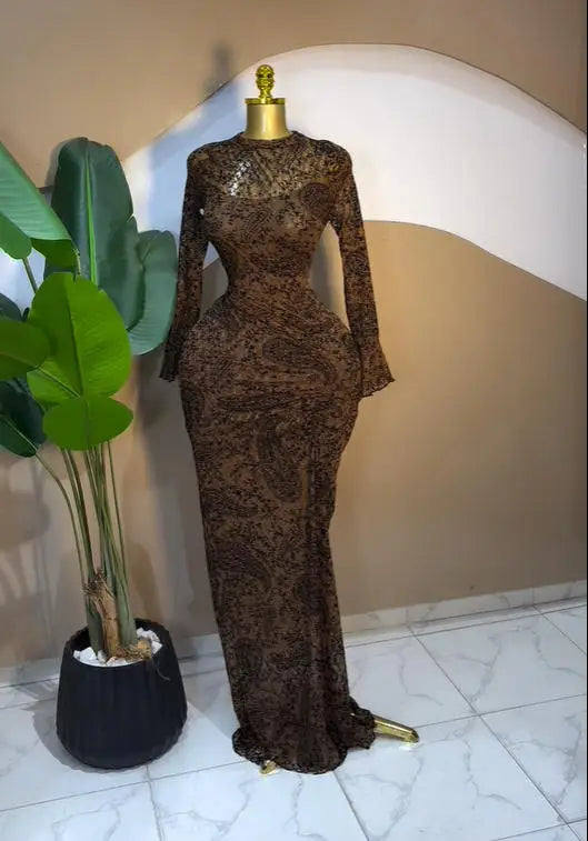 Long Sleeve Stacked Mesh Maxi Dress | Sexy See-Through Evening Gown with Premium Lining | Autumn Birthday Clubwear Bodycon Dress | Elegant O-Neck Flare Sleeve Floor-Length Pencil Robe Luxegan