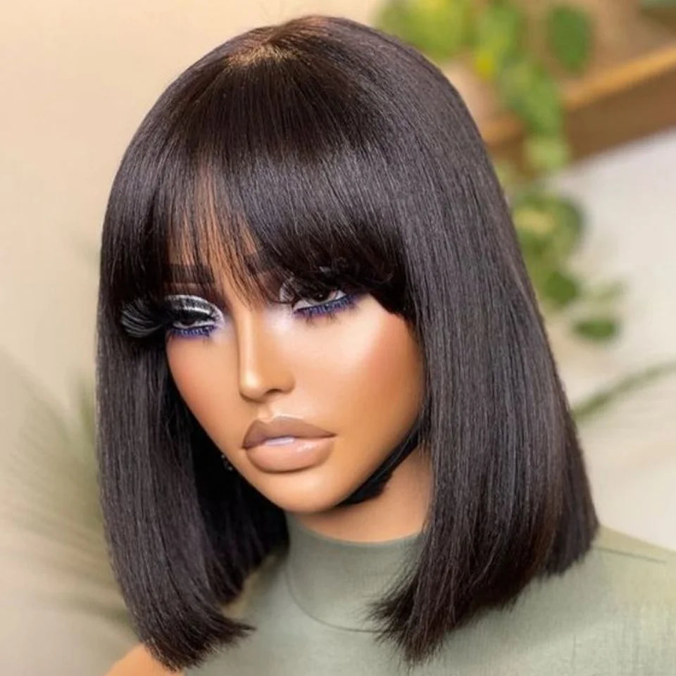 Blonde & Brown 1B/30 Straight Bob Human Hair Wig with Bangs - 3x1 Glueless Lace Closure Wear-and-Go Short Wig - 100% Brazilian Remy Bone Straight Hair Wig for Women (8-14 Inch) Luxegan