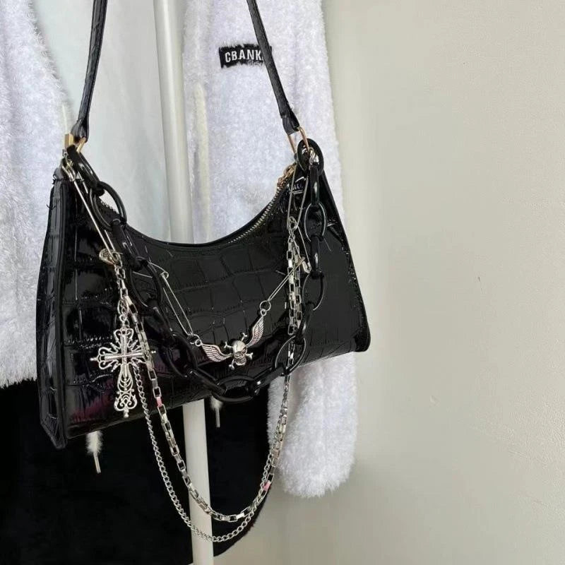 Gothic Dark Punk Underarm Bag | Skull Shoulder Bag & Y2K Chain Crocodile Pattern Crossbody Bag (Korean Popular Aesthetic Handbags) Luxegan
