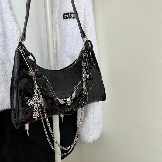 Gothic Dark Punk Underarm Bag | Skull Shoulder Bag & Y2K Chain Crocodile Pattern Crossbody Bag (Korean Popular Aesthetic Handbags) Luxegan