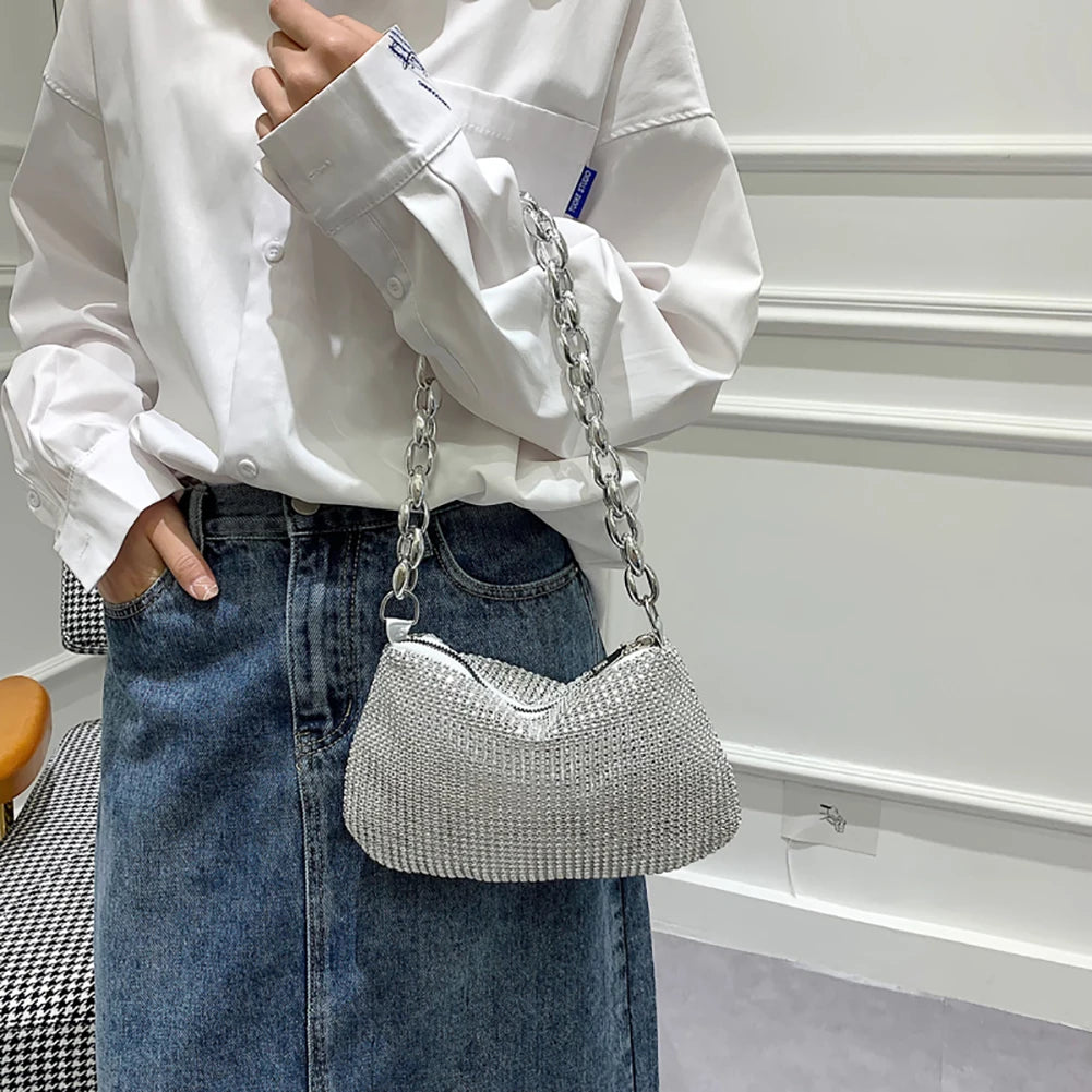 Bling Rhinestone Evening Clutch Bag | Women's Korean Designer Diamond Chain Dinner Party Handbag (Lady Square Tote Shoulder Bag) Luxegan