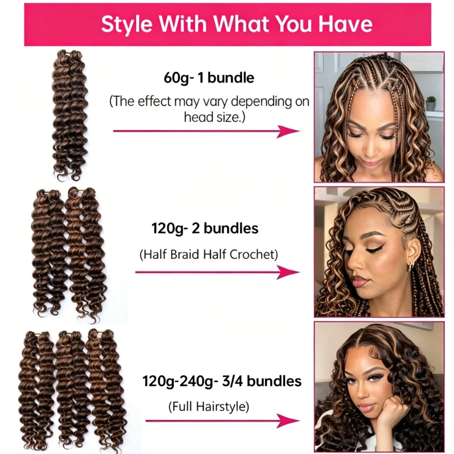 4/27 Highlight Deep Wave Crochet Human Hair Extensions | 100% Remy Brazilian Hair | 14–24 Inches Luxegan
