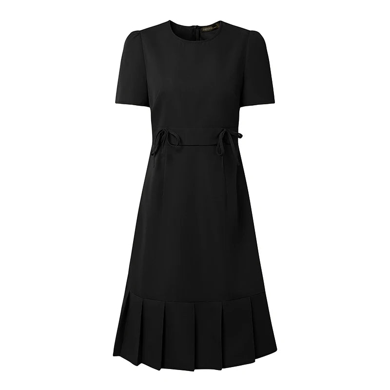 Solid Round Neck Short Puff Sleeve Regular Fit A-Line Knee-Length Dress – Natural Waist, Summer Luxegan