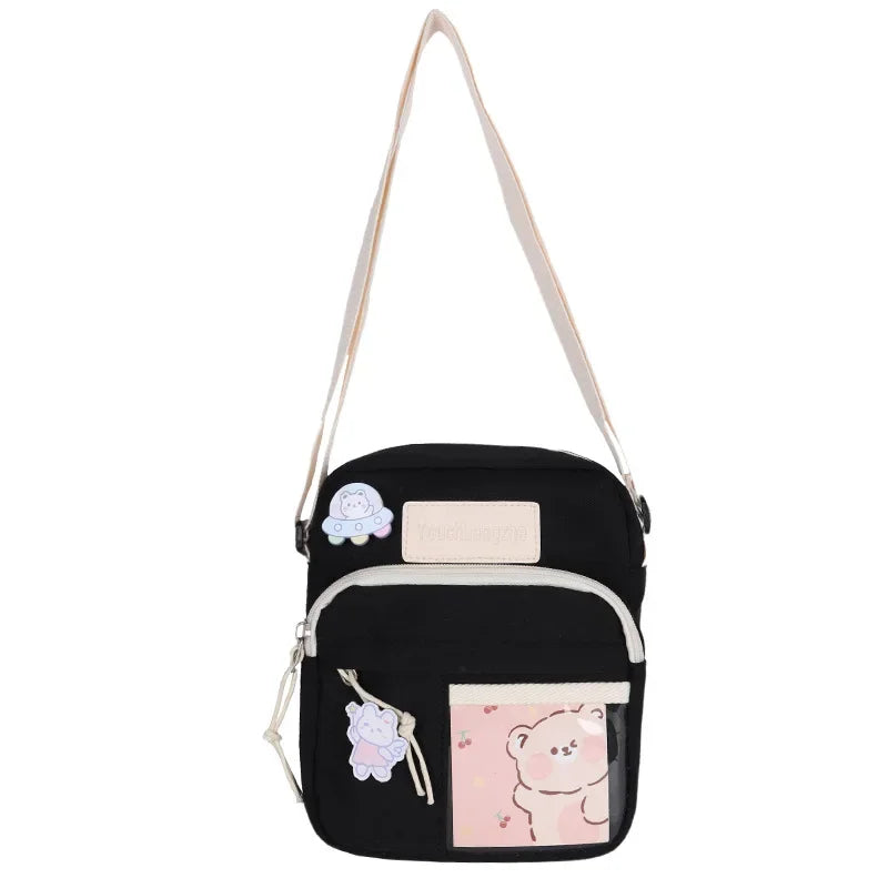 Cute Clear Kawaii Canvas Bag | Harajuku Cartoon Messenger Bag for Girls | Sophisticated Small Patchwork Shoulder Pouch | Fashion-Forward Nylon Cellphone Purse with Silt Pocket Luxegan