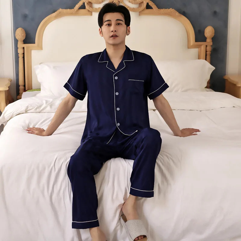 Men's Premium Ice Silk Pajama Set | Luxury Paisley Long-Sleeved Sleepwear Suit | Thin Turn-Down Collar Nightwear | Plus Size High-Quality Home Clothes Male Suit Model SY5004 Luxegan