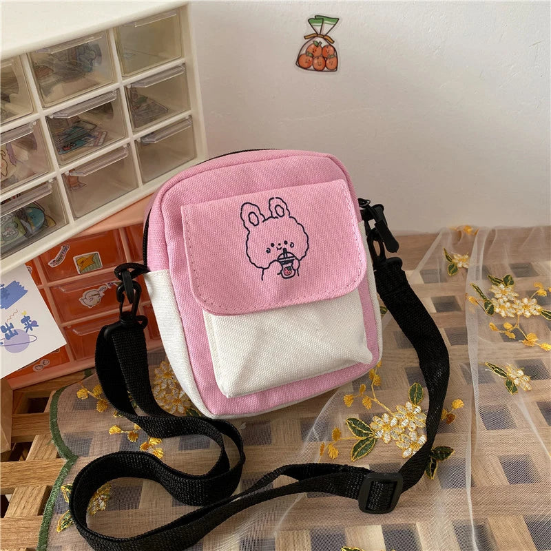Korean Fashion Canvas Shoulder Bag | Small Messenger Crossbody for Girl Students | Sophisticated Cartoon Aesthetic Cotton Cloth Handbag | Fashion-Forward Square Canvas Bag for Daily Study & Leisure Luxegan
