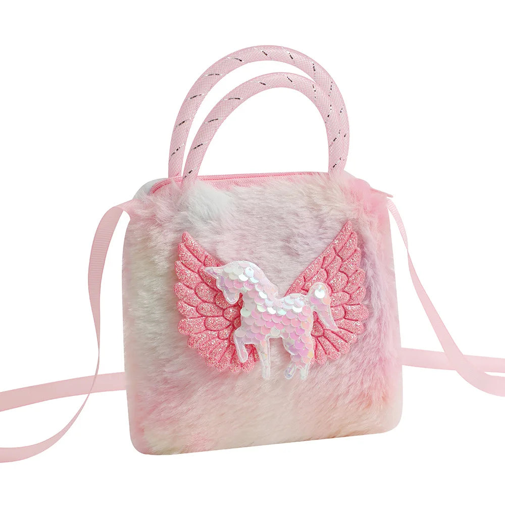 Cute Furry Cartoon Unicorn Shoulder Bag | Plush Shiny Girls' Crossbody Bag (1-3Y) | Toddler Small Stuff Storage Messenger | Soft Polyester Zippered Mini Purse Luxegan