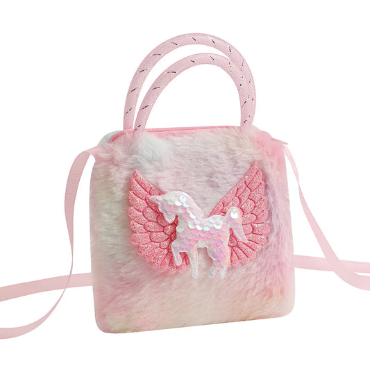 Cute Furry Cartoon Unicorn Shoulder Bag | Plush Shiny Girls' Crossbody Bag (1-3Y) | Toddler Small Stuff Storage Messenger | Soft Polyester Zippered Mini Purse Luxegan