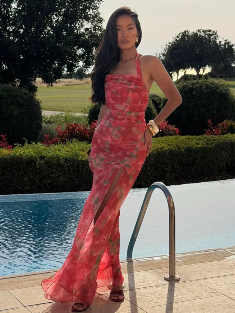 Flutter Sleeves Slim Long Dress Women Casual Pleated Deep V-neck Floral Print High Waist Dresses 2026 Lady Summer Holiday Wear