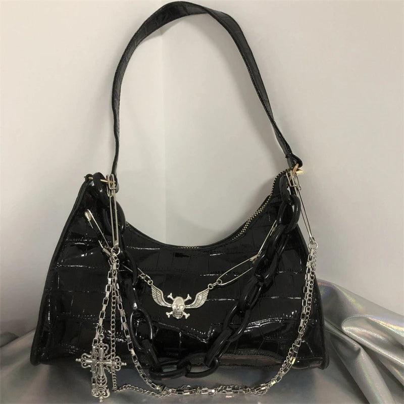 Gothic Dark Punk Underarm Bag | Skull Shoulder Bag & Y2K Chain Crocodile Pattern Crossbody Bag (Korean Popular Aesthetic Handbags) Luxegan