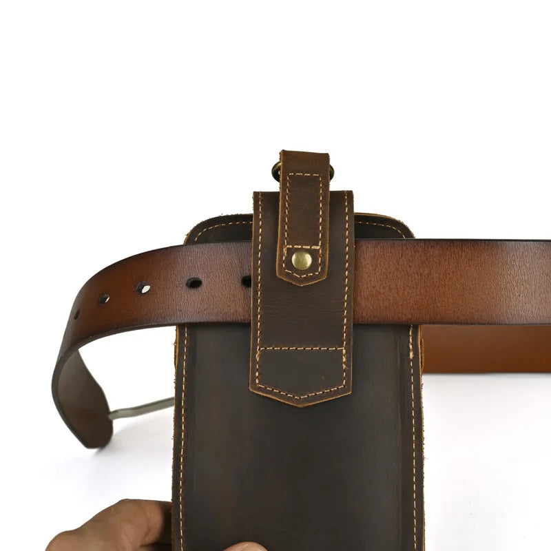 Hardware Clasp Waist Bag for Men | First Layer Genuine Cowhide Leather Hang Bag | Vintage Box-Shape Belt Loop Wallet & Retro Phone Purse with Zipper Luxegan