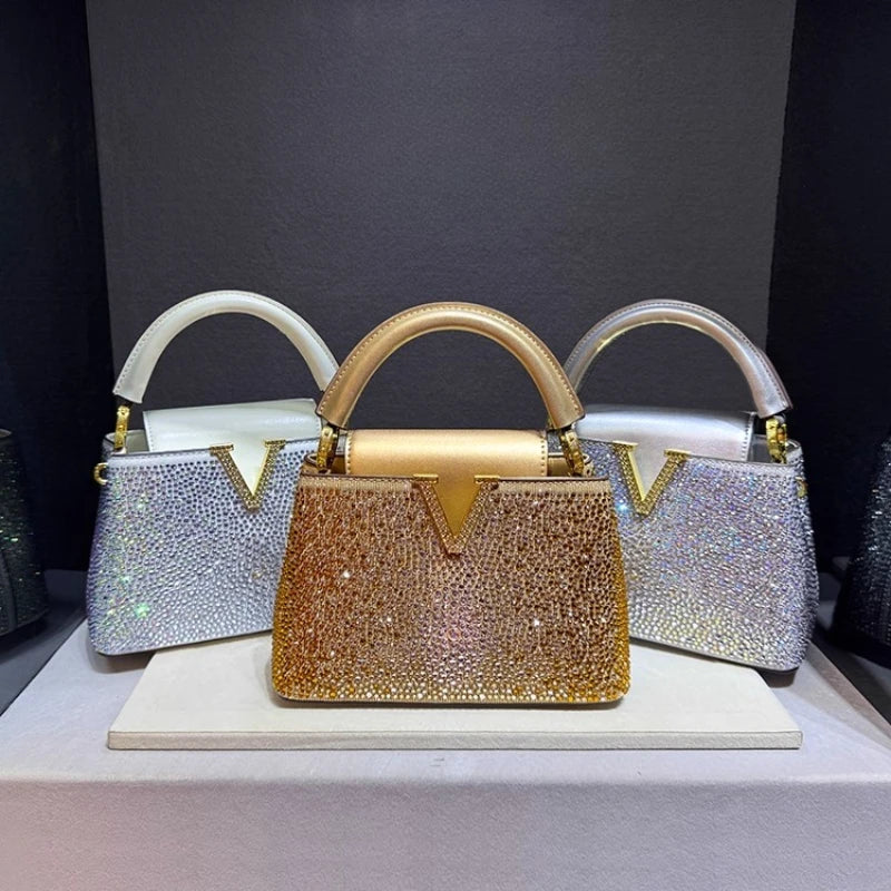 Luxury Brand Leather Diamond Handbag | High-End Rhinestone Shoulder & Crossbody Bag | Elegant Evening Tote with Interior Zipper Pocket Luxegan