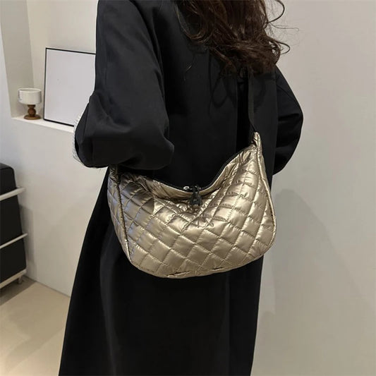 Fashion Nylon Padded Handbags Female | Large Capacity Top-Handle Bags & Solid Color Crossbody Bags (Winter Down Women Shoulder Bags) Luxegan