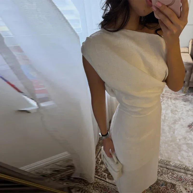 Solid Asymmetrical Neckline Sleeveless Regular Fit Straight Ankle-Length Dress – Natural Waist, Spring/Summer Luxegan