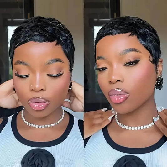 Short Pixie Cut Human Hair Wig | Fully Machine-Made Glueless Brazilian Remy Human Hair Wig | Textured Wave Pixie Bob in #350 Copper, 99J Burgundy, Brown, and Classic Black for Women Luxegan