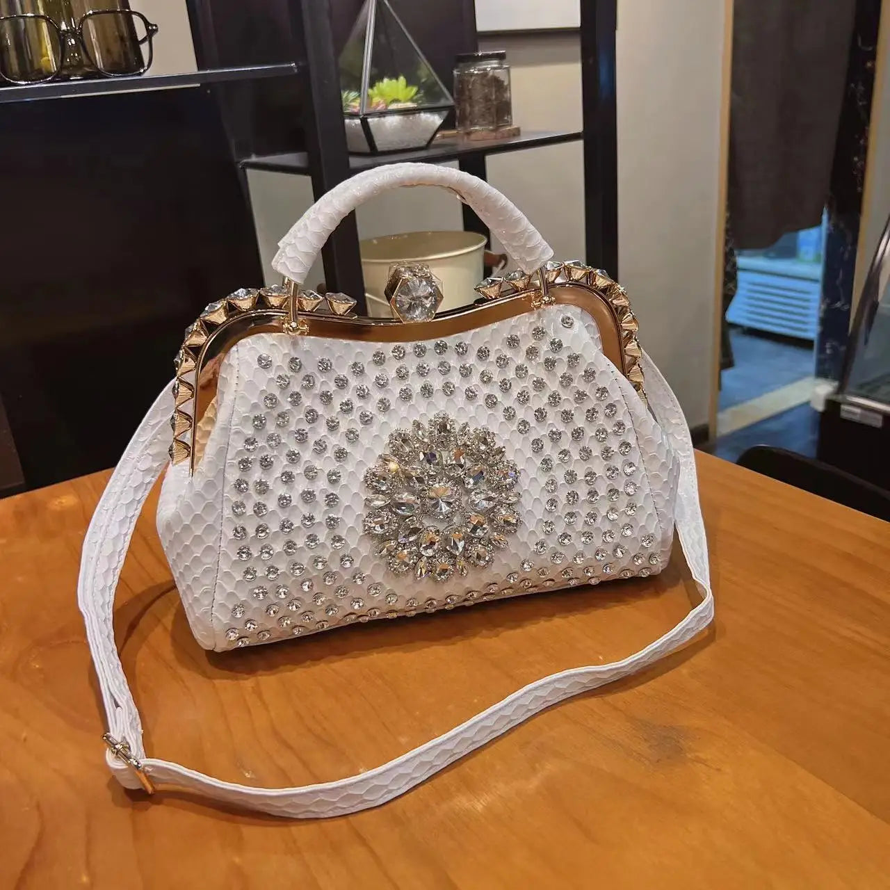 PU Leather Serpentine Frame Bag | Hard Rhinestones Top-Handle Crossbody Luxegan