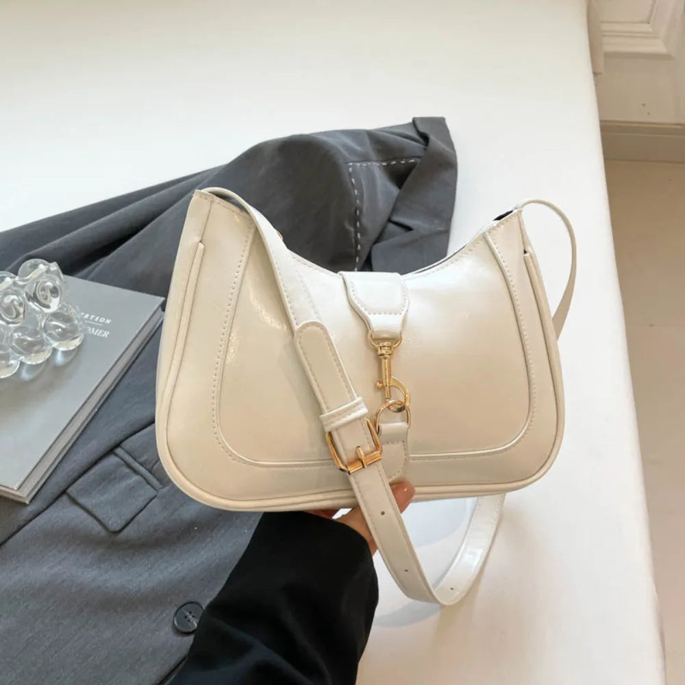 Elegant Patent Leather Shoulder Bag | Large Capacity Retro Armpit Bag | Smooth Solid Color Belt Buckle Clutch Handbag Luxegan