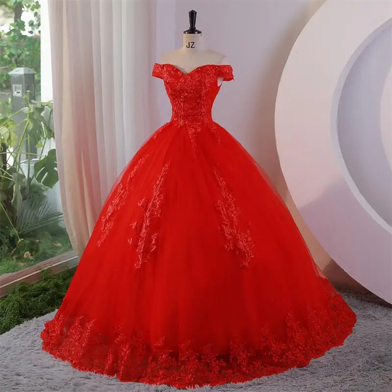 Luxury Floral Tulle Quinceañera Ball Gown | Off-The-Shoulder Sweet 15 Party Dress | Floor-Length Embroidered Lace Princess Dress Luxegan