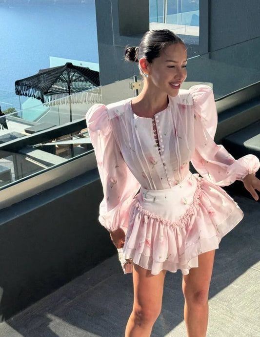 Stand Collar Flare Sleeve Lace-Up Waist Ruffle Hem Floral Print Midi Dress | Elegant Beach Summer Dress Luxegan