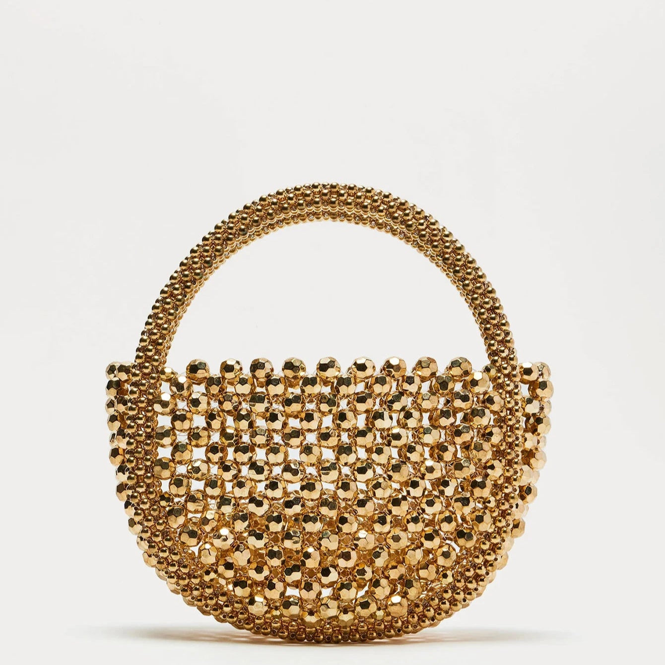 Hollow Hand-Made Pearl & Gold Bead Woven Handbag | Half-Moon Acrylic Bag Luxegan