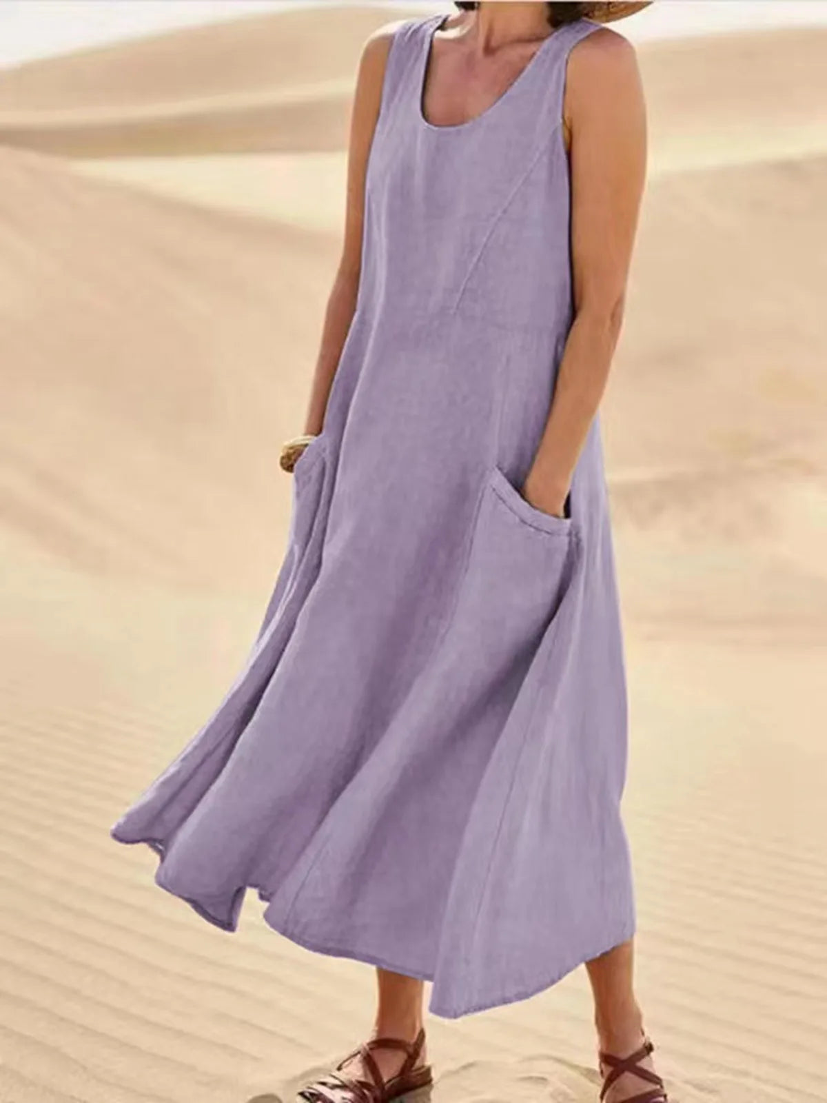 Women's Casual Cotton Linen Sundress | Summer Sleeveless Loose Sand Beachwear Maxi Dress | Elegant Double Big Pocket Oversized Long Dress | Premium High Stretch Regular Fit O-Neck Vestido Model LRFZ-818 Luxegan