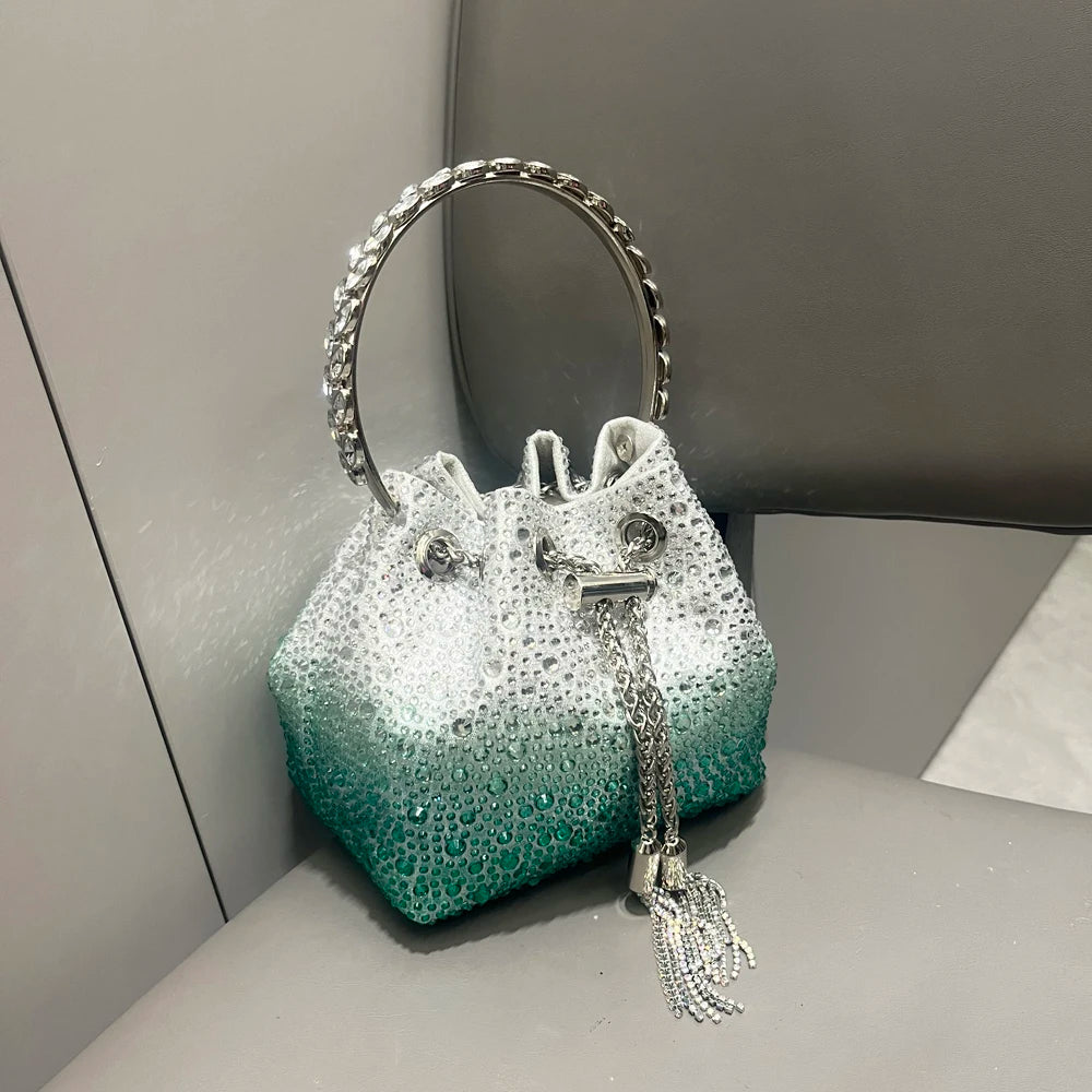 Luxury Designer Rhinestone Evening Clutch | Shiny Crystal Bucket Handbag & Fashion Shoulder Bag Luxegan