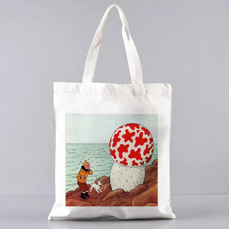 Soft Tintin Cartoon Canvas Large Capacity Tote | Open-Top Shopping Bag Luxegan