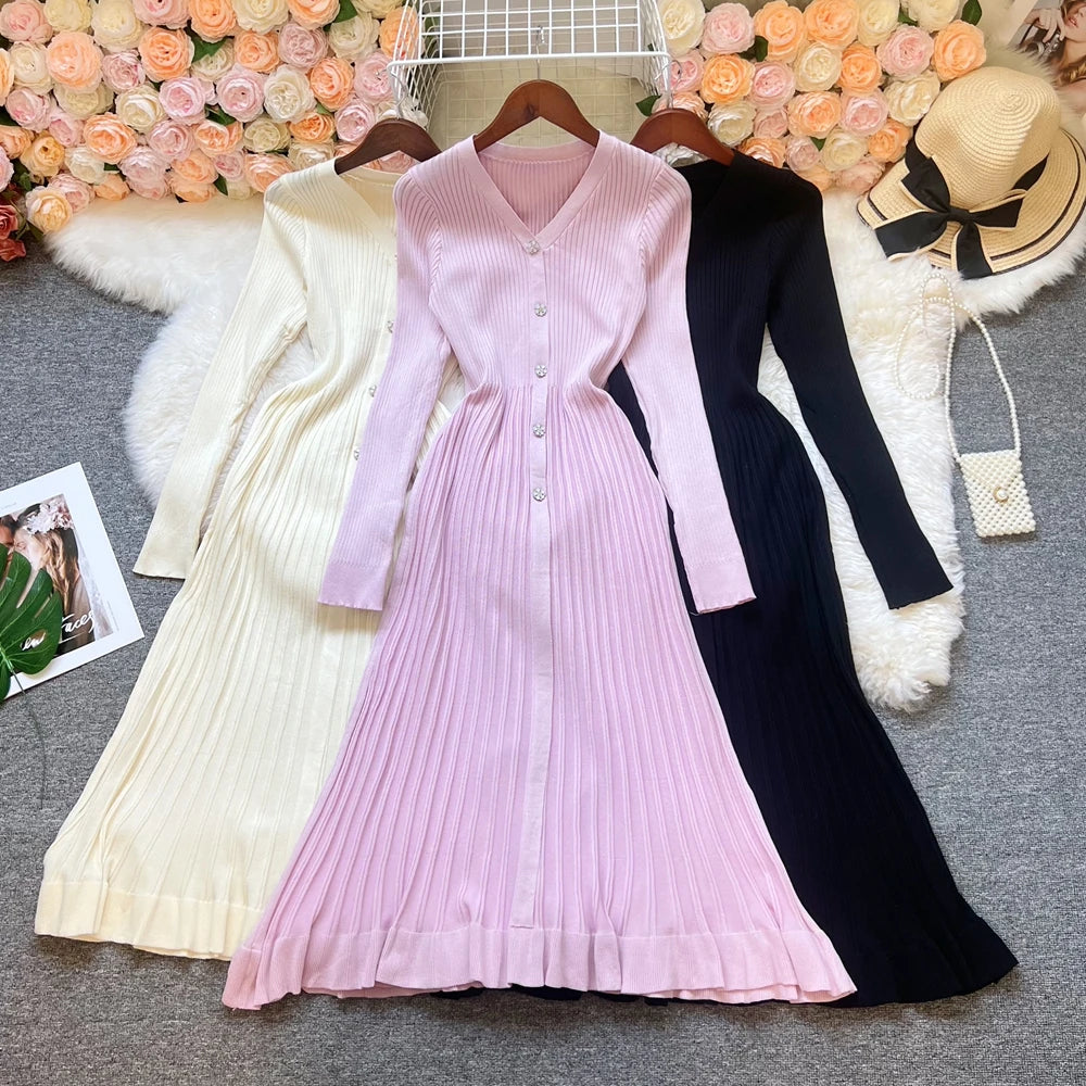 Autumn Winter V-Neck Knitted Long Dress | Sophisticated Slim Waist Pleated Sweater Gown | Elegant "Full Sleeve" Silhouette | "Dignified" Empire Waist A-Line Dress for Radiant Versatile Office & Winter Styling Luxegan