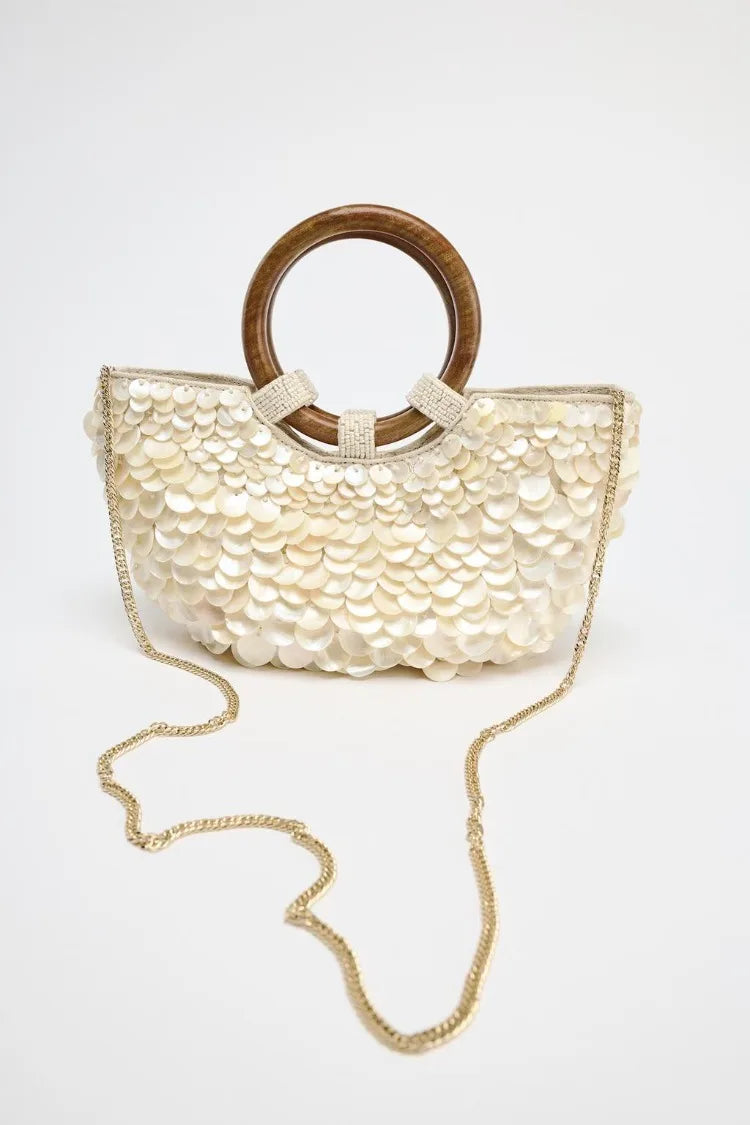 Faux Nacre Appliqué Half-Moon Bag for Women | New Double Circular Top Handles & Removable Chain Crossbody Strap (Fashionable & Versatile) Luxegan