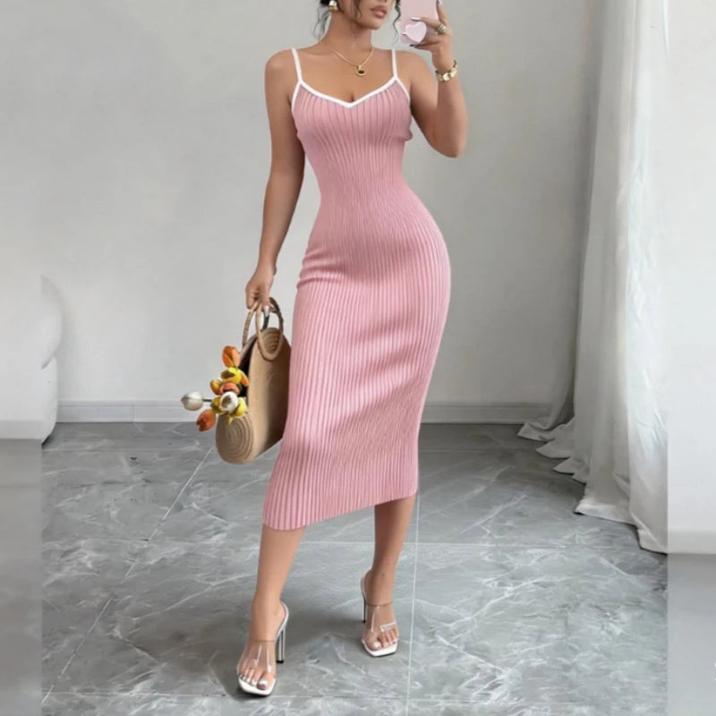 Solid V-Neck Spaghetti Strap Sleeveless Regular Fit Sheath Mid-Calf Dress – Empire Waist, High-Stretch Knit, Summer Luxegan