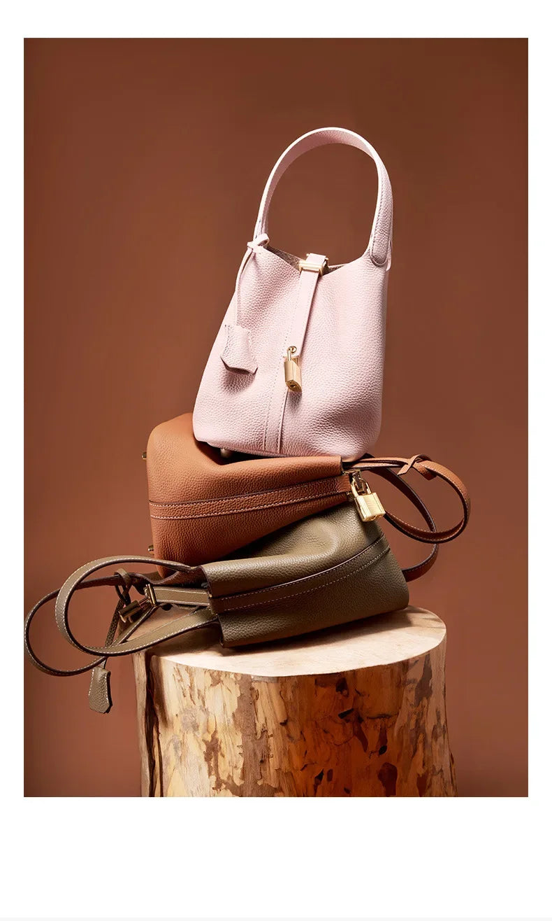 Fashion Women's Mini Genuine Leather Bucket Bag | Soft Litchi Pattern Tote with Lock | Mommy/Bride Wedding Shoulder Handbag Luxegan