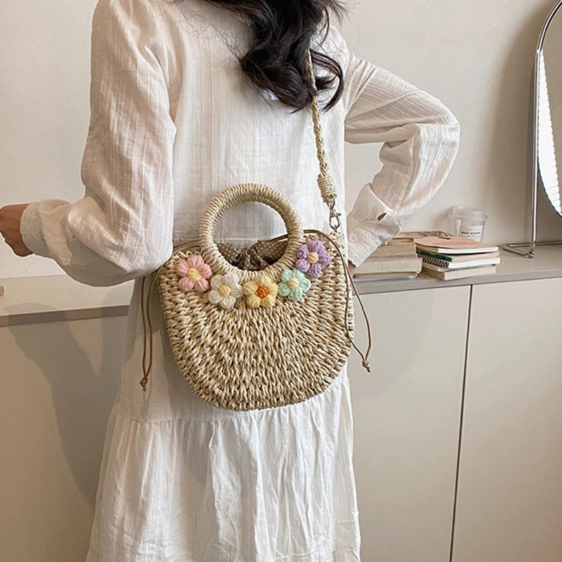 Hand-Woven Circular Straw Tote | Sophisticated Bohemian Rattan Purse | Elegant Floral-Accent Beach Bag | "Dignified" Soft Wicker Handbag for Versatile Summer Styling Luxegan