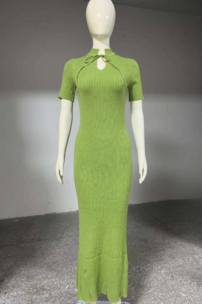 Knit Lace-Up V-Neck Short Sleeve Straight Ankle-Length Dress – Hollow-Out, High Stretch, Summer Luxegan