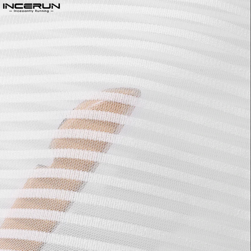 Camisetas informales de moda INCERUN nuevas camisetas sin mangas a rayas transparentes y sexys para hombre, chalecos finos ajustados para discoteca masculina