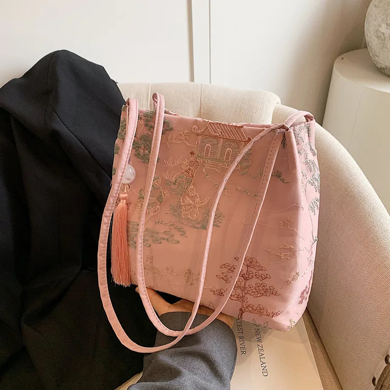 New Chinese Style Retro Silk Jacquard Bag | Sophisticated Minimalist Fashion Shoulder Bag | Elegant Single Strap Diagonal Crossbody | Luxury Silk Women’s Square Handbag with Smart Interior Luxegan