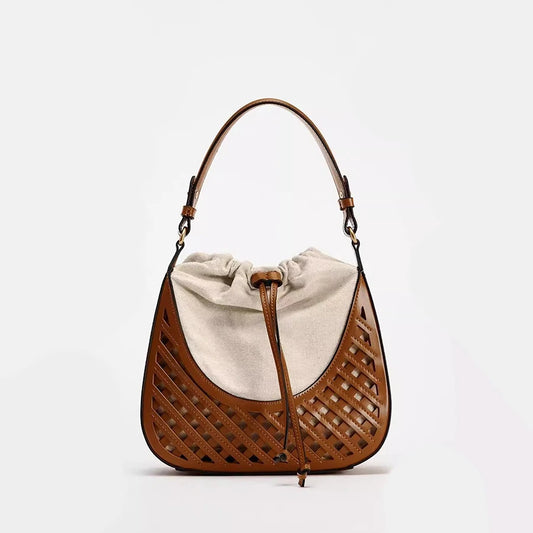 Fashionable Autumn & Winter Woven Hollow Shoulder & Crossbody Bag | Retro Versatile Travel Contrast Color Large Capacity Canvas Handbag Luxegan