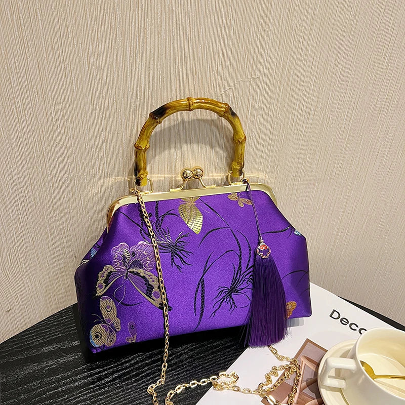 Luxury Embroidery Vintage Evening Bag | Wedding Style Floral Handbag with Tassel Design | National Fashion Shoulder & Crossbody Bag with Bamboo Fiber Lining Luxegan