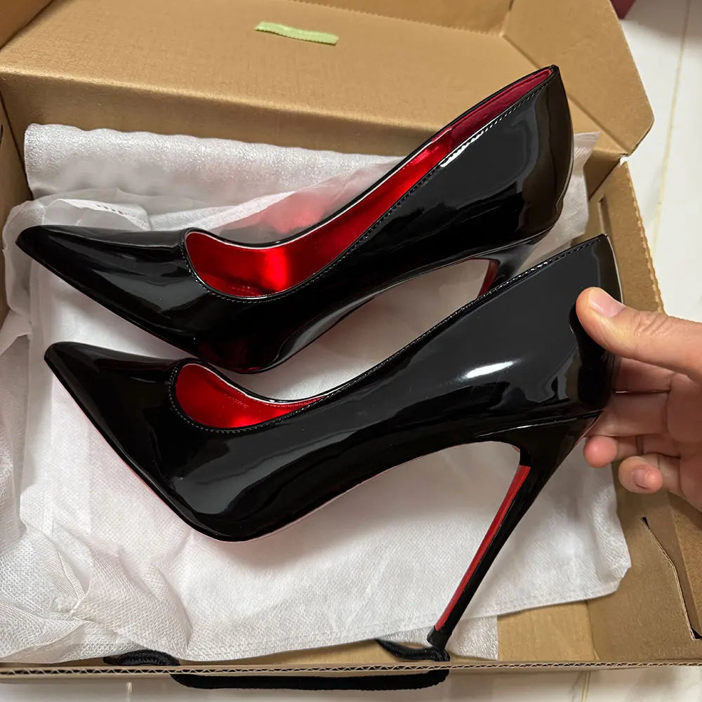 Elegant Fashion Curl-Cut Stilettos | Sophisticated 12cm Glossy Black V-Cut Pumps | Elegant "Handmade Patent Leather" Silhouette | "Dignified" Sexy Pointed Toe Celebrity Party Shoes for Radiant Versatile Styling Luxegan