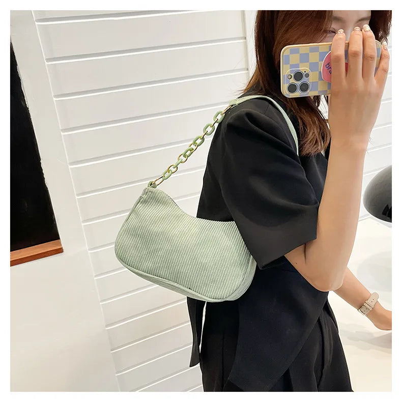 Korean Fashion Vintage Corduroy Underarm Bag | Women's Summer Soft Zipper Shoulder Small Bag | Casual Clutch Handbag Luxegan