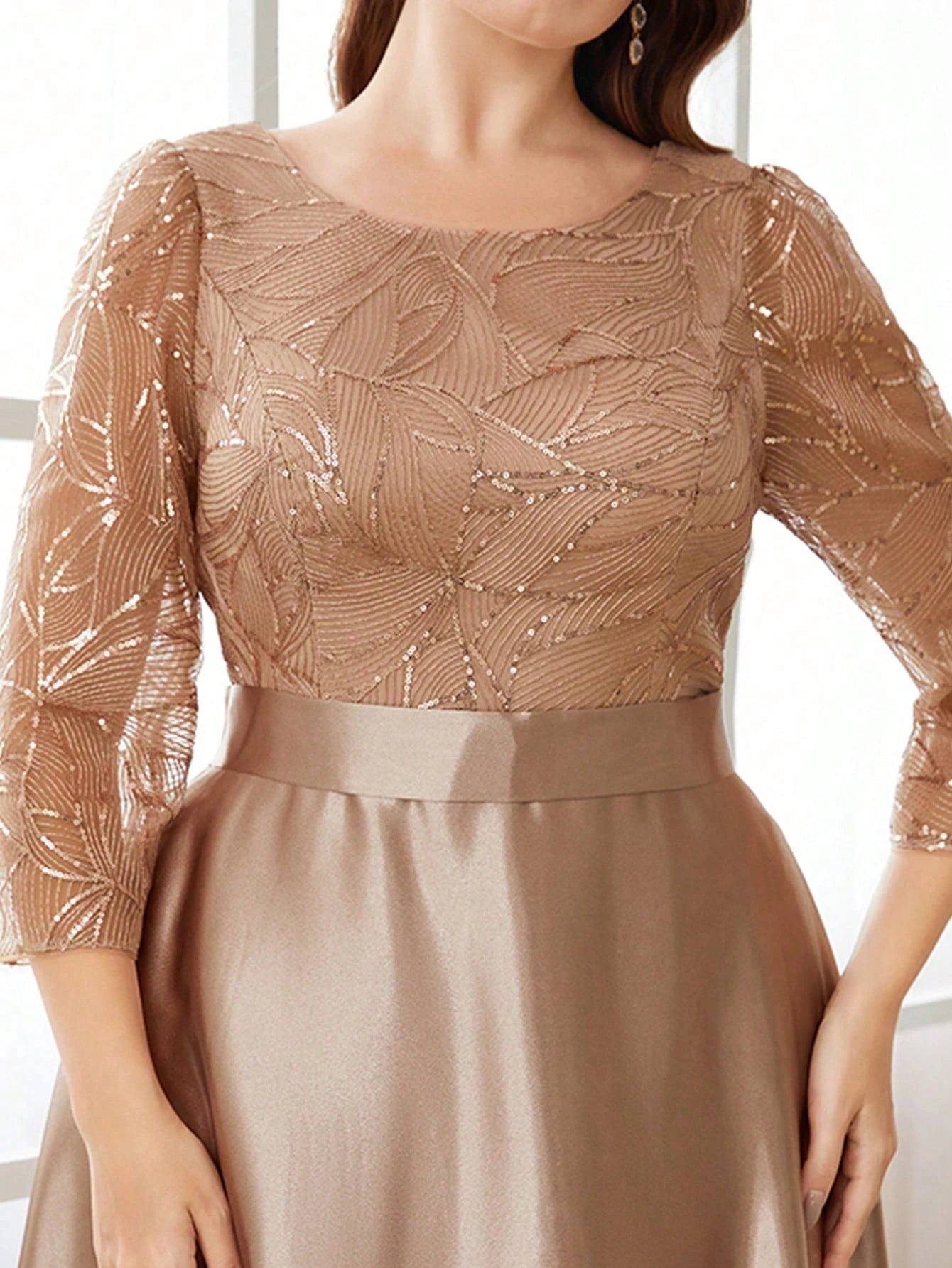 Elegant Crew Neck Sequin Patchwork Satin Ball Gown | Long Sleeve Fit & Flare Party Dress | Premium Solid Color Ankle-Length Bridesmaid Dress | Regular Fit O-Neck Tatting Evening Dress Luxegan