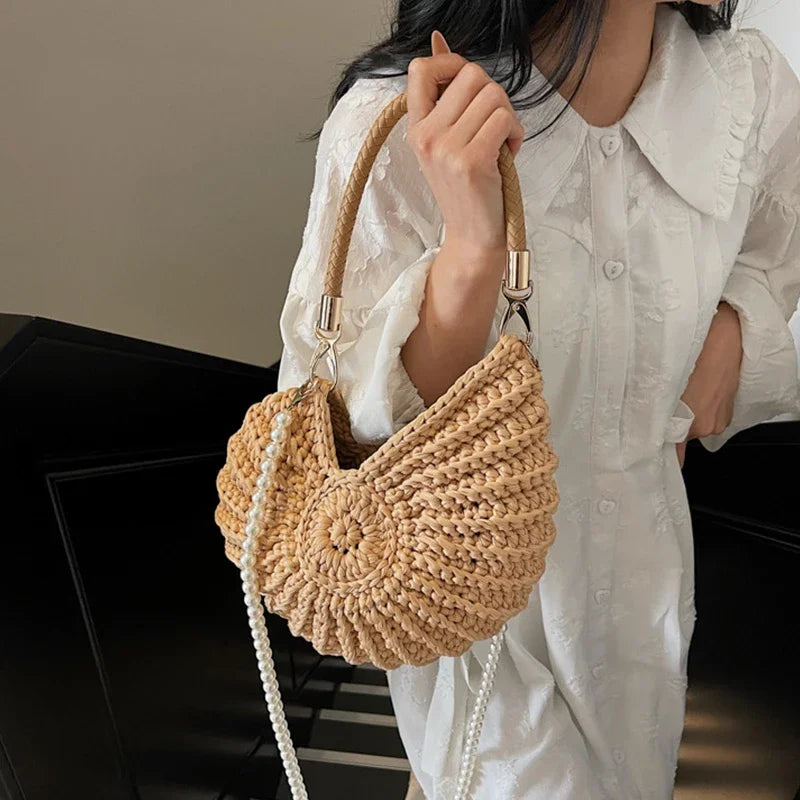 Crochet Conch Shell Bag | Elegant Pearl Chain Crossbody Purse Luxegan