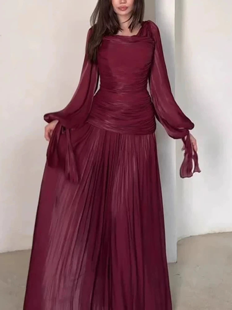Women's Elegant Draped Solid Long Dress | Casual Commute Waist Party Dress | Elegant O-Neck Full - view 4