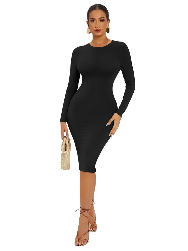 Women's Sexy Solid Color Long Sleeved Bodycon Dress | New Highly Elastic Wrapped Midi Dress | Elegant Slim Fit Wrist-Sleeve Sheath Dress | Autumn O-Neck Premium Knit Gown Model RM300 Luxegan