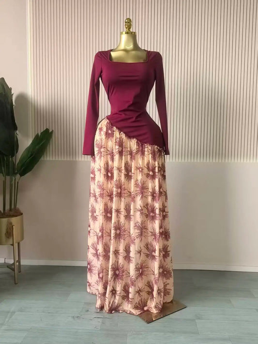 Print Pleated Maxi Dress with Sash | Square Neck Long Sleeve Elegant Party Evening Dress Luxegan
