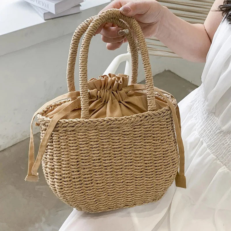 Women’s Summer Straw Rattan Handbag | Sophisticated Woven Small Clutch & Basket Bag | Elegant Retro Beach Vacation Tote | "Dignified" Soft Bucket Purse for Versatile Holiday Styling Luxegan