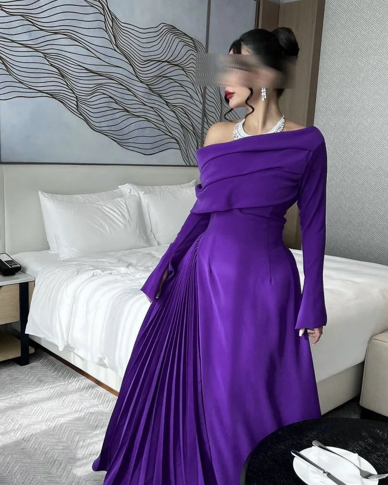 Solid Slash Neck Flare Sleeve Regular Fit A-Line Floor-Length Dress – Natural Waist, All Season Luxegan