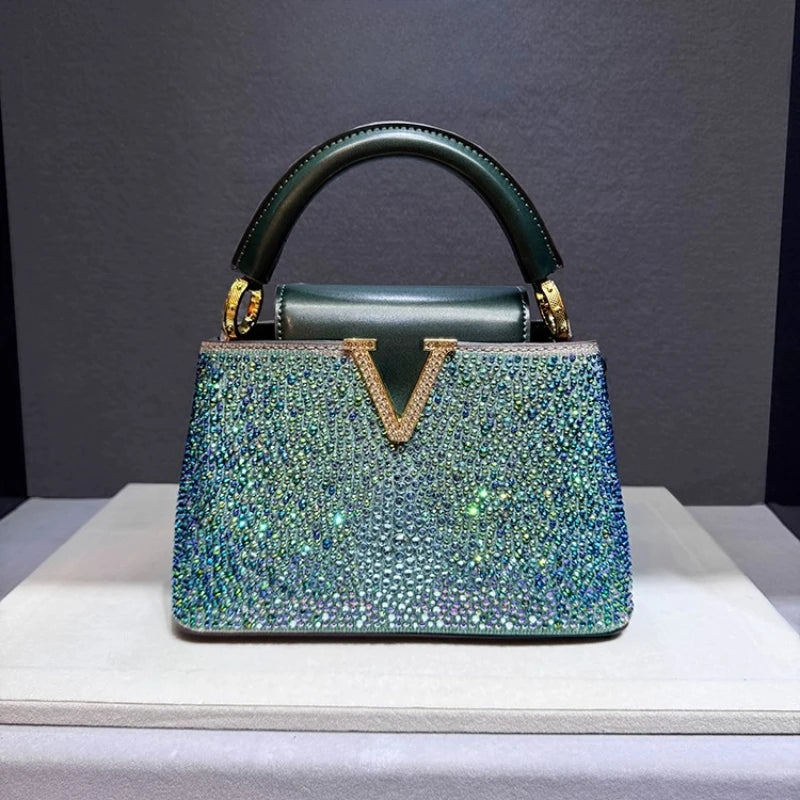 Luxury Brand Leather Diamond Handbag | High-End Rhinestone Shoulder & Crossbody Bag | Elegant Evening Tote with Interior Zipper Pocket Luxegan