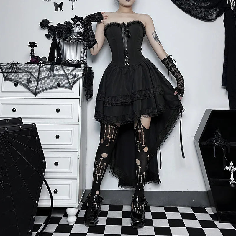 Gothic Spaghetti Strap Lace Pleated High-Low Asymmetric Swing Bodycon Mini Dress | Vintage Goth Elastic Waist Dress Luxegan