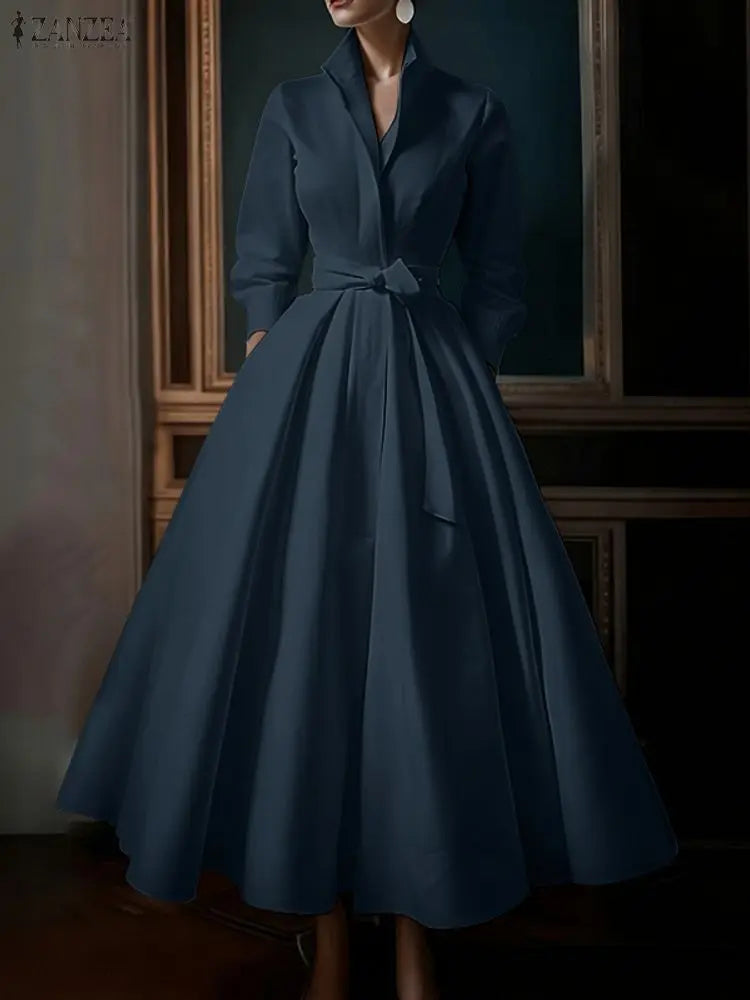 Lapel Neck Long Sleeve Belted A-Line Maxi Dress | Elegant Office Lady Vintage Sundress with Pockets Luxegan