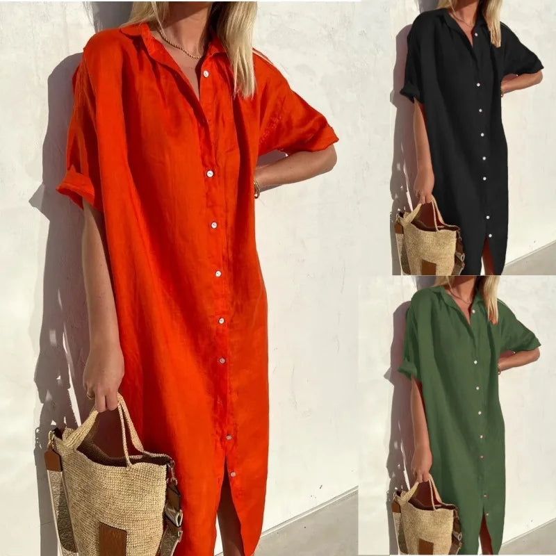 Women's Solid Short-Sleeve Summer Shirt Dress | Single-Breasted Button-Down Cardigan Maxi | Loose-Fit A-Line Mid-Calf Casual Vacation Skirt Luxegan
